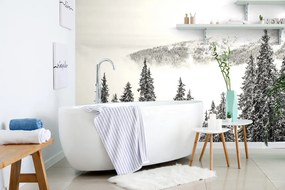 Carta da parati – Alberi di pino innevati bianco e nero