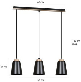 Lampadario 3 Luci Lancillotto Con Paralumi A Cono In Acciaio Nero E Legno Naturale