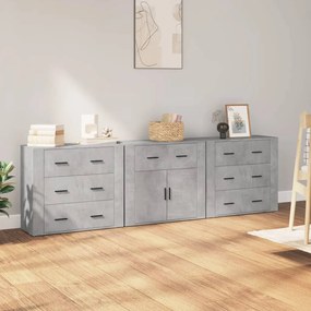 Credenze 3 pz grigio cemento in legno multistrato