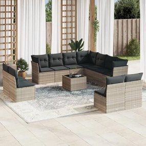 Set divano giardino 12 pz con cuscini grigio chiaro polyrattan