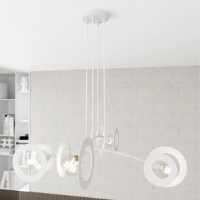 Lampadario 4 Luci Crono Acciaio Bianco A Bracci E Diffusori A Doppio Cerchio