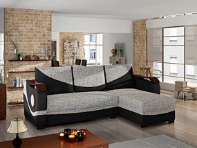 Divano letto matrimoniale angolare Terranova - ecopelle nero + tessuto grigio chiaro grezzo