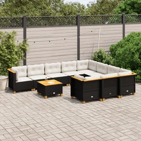 Set divani da giardino 11 pz con cuscini in polyrattan nero