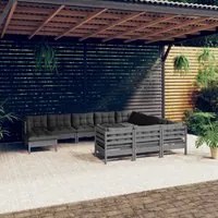 Set Divani da Giardino 11pz con Cuscini Massello di Pino Grigio 3097045