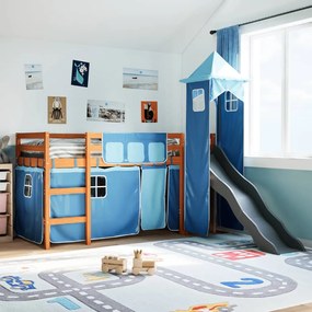 Letto A Soppalco Con Torre Bambini Blu 80x200cm Massello Pino /