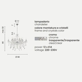 Lampadario a sospensione DAMASCO con decorazioni in cristallo D90 cm Cromo 12 Luci