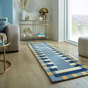 Passatoia blu in lana tessuta a mano 60x230 cm Kai Wool Border - Flair Rugs