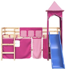 Letto a soppalco con torre bambini rosa 80x200cm massello pino