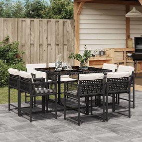 Set da pranzo da giardino 9 pz con cuscini nero in polyrattan