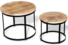 2 pz tavolini da caffè tondi in legno grezzo di mango 40cm/50cm