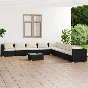 Set Salotto da Giardino 10 pz con Cuscini in Polyrattan Nero