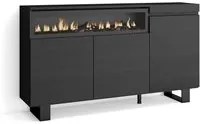 Credenza, Mobile soggiorno 150x87x35cm, 3 Porte, Camino elettrico, Design industriale, Stile moderno colore Nero