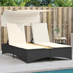 Lettino Prendisole Doppio Baldacchino E Cuscini Nero Polyrattan /