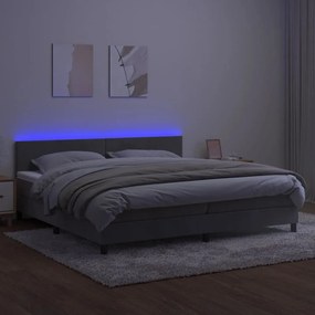 Letto a molle materasso e led grigio chiaro 200x200 cm velluto