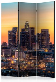 Paravento separè Sera californiana (3-parti) - grattacieli e tramonto