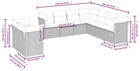 Set Divano da Giardino 9 pz con Cuscini Grigio in Polyrattan