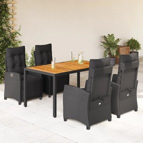 Set da Pranzo da Giardino 5 pz Nero con Cuscini in Polyrattan