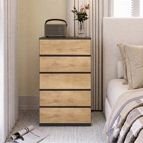 Cassettiera 5 Cassetti 60x39x100 cm con Guide in Metallo e Maniglie Scanalate in Legno Nero e Rovere...