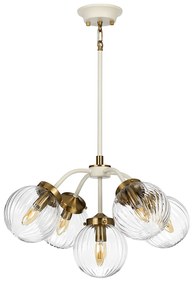 Lampadario Contemporaneo Cosmos Acciaio Crema Vetro Ottone 5 Luci E14