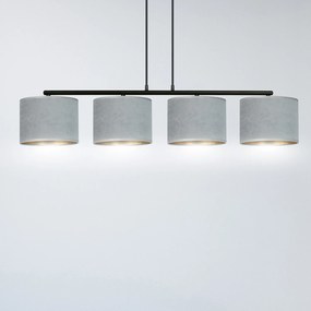 Lampadario 4 Luci Ganesha In Acciaio Nero E Paralumi In Tessuto Grigio