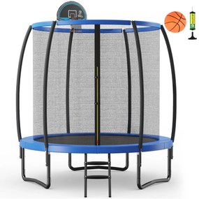 Costway Tappeto elastico con anello da basket rete cuscinetto di sicurezza scaletta con 2 gradini, Trampolino da 244cm