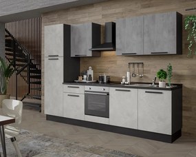 Cucina montata Dora bianco e grigio chiaro, lavello a destra, L.300 cm, completa di: cappa a camino, piano cottura a induzione, forno e frigorifero