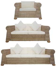 Set di divani 3 pz con cuscini in rattan naturale