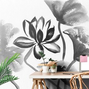 Carta da parati – Fiore di loto ad acquerello in bianco e nero
