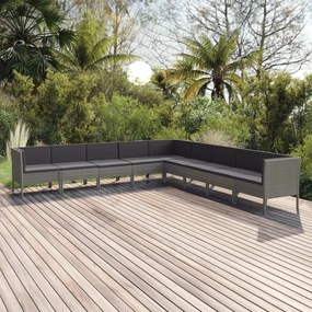 Set divani da giardino 9 pz con cuscini in polyrattan grigio