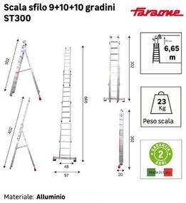 Scala a sfilo FARAONE S3.EM in alluminio 3 x 10 gradini portata massima 150 kg EN 131 per lavori fino a 6.65 m