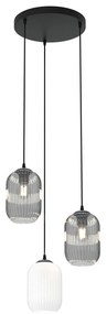 Lampadario 3 Luci Selene Base Tonda Acciaio Nero Vetri Plissettati Bianco E Fumè