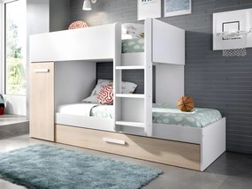 Letto a castello con cassetto letto estraibile e contenitori 3 x 90 x 190 cm Bianco e Naturale - ANTHONY