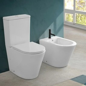 Sanitari filomuro monoblocco senza brida con scarico a parete e sistema di scarico a tornado Klan