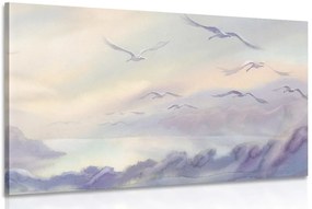 Stampa su tela – Volo di uccelli sopra il paesaggio