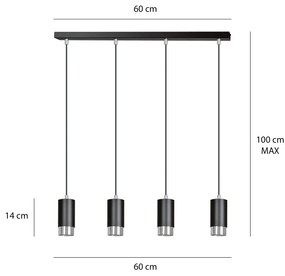 Lampadario 4 Luci Fumiko Con Cilindri In Acciaio Nero E Cromo