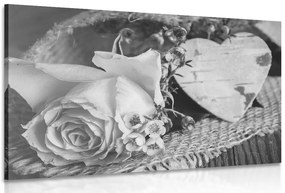 Quadro su tela – Rose e cuore in juta in bianco e nero