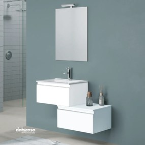 Mobile Bagno Sospeso "Albatros" Da 60 Cm Con Due Cassetti Sfalsati Lavabo E Specchio Con Lampada Led Finitura Bianco Opaco