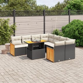 Set divani da giardino 9 pz con cuscini nero in polyrattan