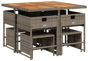 Set da pranzo da giardino 9 pz con cuscini in polyrattan grigio