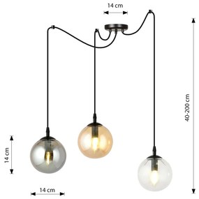 Lampadario 3 Luci Gigi In Acciaio Nero Con Cavo Lungo E Vetri Multicolor