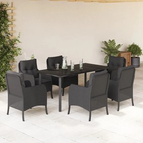 Set da pranzo da giardino 7 pz nero con cuscini in polyrattan