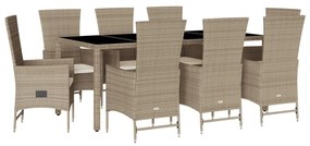 Set da pranzo da giardino 9 pz con cuscini beige in polyrattan
