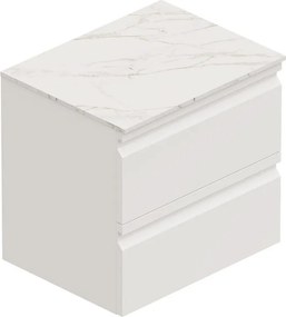 Mobile Pull L60 H55 P45 bianco opaco laccato 2 cassetti a chiusura ammortizzata e top gres Calacatta per lavabo in appoggio, piedini non inclusi