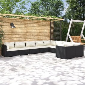 Set Divani da Giardino 9 pz con Cuscini in Polyrattan Nero