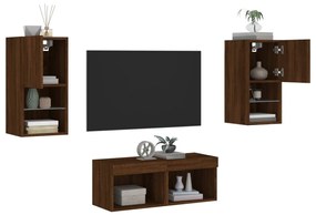 Mobili TV a Muro 4pz con Luci LED Rovere Marrone