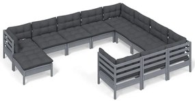 Set divani da giardino 11pz con cuscini massello di pino grigio