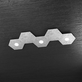 Plafoniera Moderna 5 Moduli Hexagon Metallo Foglia Argento 3 Luci Led 12X3W