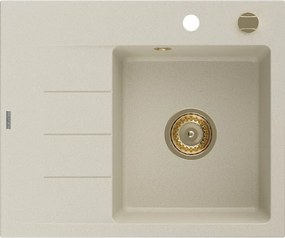 Mexen Ben lavello in granito 1-vasca con sgocciolatoio, destro 600 x 500 mm, beige, sifone dorato - 6523605000-69-G