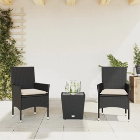 Set Da Bistrò 3 Pz Con Cuscini Nero Polyrattan E Vetro /