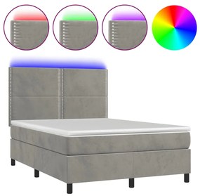 Letto a molle materasso e led grigio chiaro 140x190 cm velluto